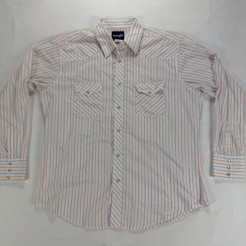 Wrangler Mens Western‎ Shirt XL Long Sleeve White Orange Blue Stripe Snap Button - Picture 1 of 9